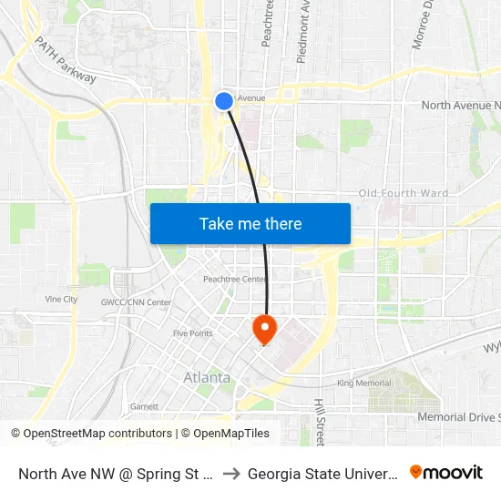 North Ave NW @ Spring St NW to Georgia State University map