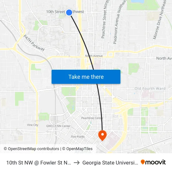 10th St NW @ Fowler St NW to Georgia State University map