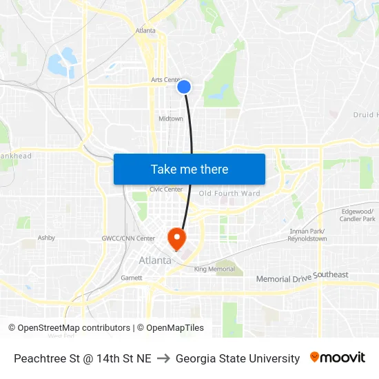 Peachtree St @ 14th St NE to Georgia State University map