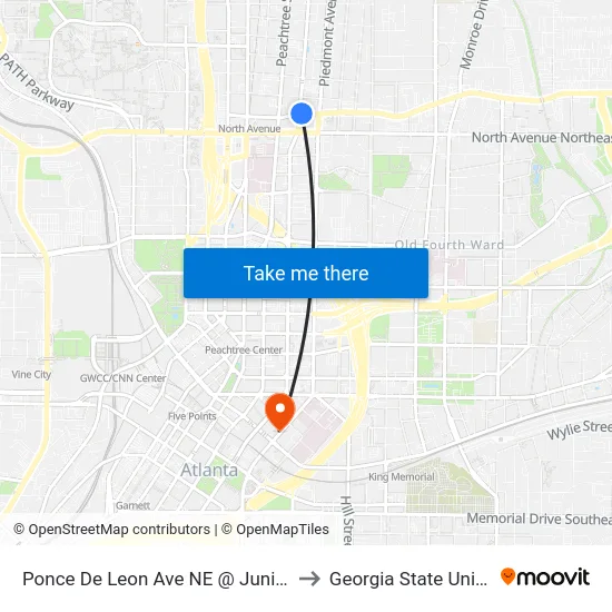 Ponce De Leon Ave NE @ Juniper St NE to Georgia State University map