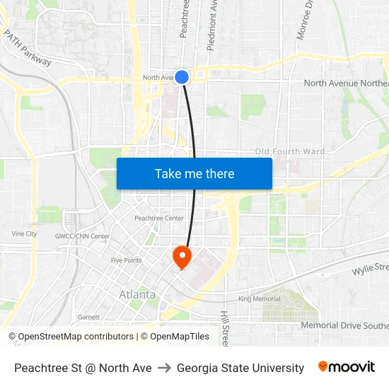 Peachtree St @ North Ave to Georgia State University map