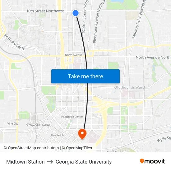 Midtown Station to Georgia State University map