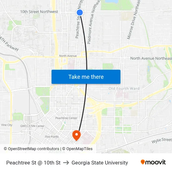 Peachtree St @ 10th St to Georgia State University map