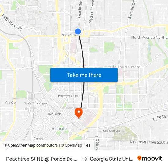 Peachtree St NE @ Ponce De Leon Ave to Georgia State University map