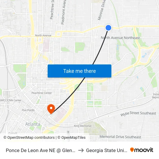 Ponce De Leon Ave NE @ Glen Iris Dr NE to Georgia State University map