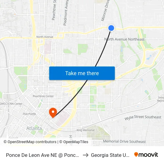 Ponce De Leon Ave NE @ Ponce De Leon Ct to Georgia State University map