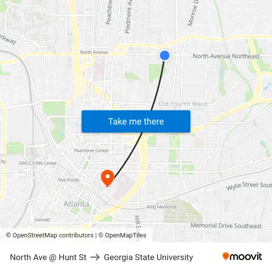North Ave @ Hunt St to Georgia State University map