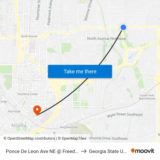 Ponce De Leon Ave NE @ Freedom Pkwy NE to Georgia State University map