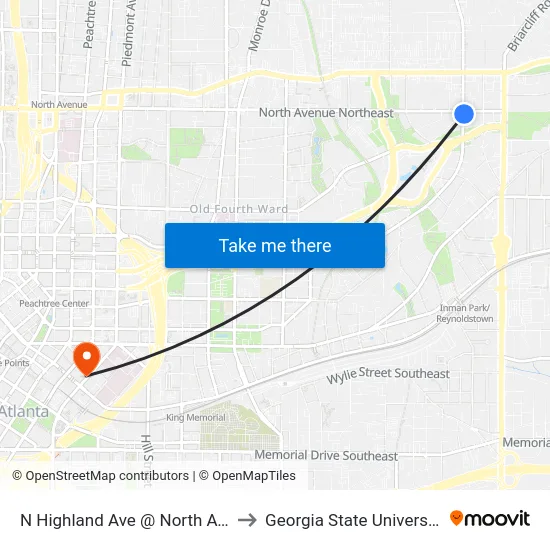 N Highland Ave @ North Ave to Georgia State University map