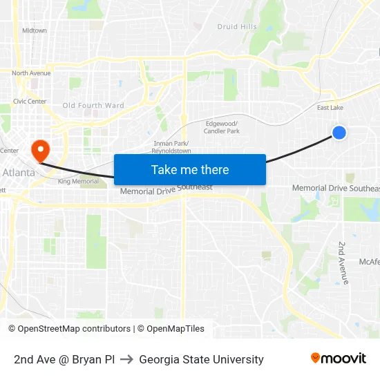 2nd Ave @ Bryan Pl to Georgia State University map