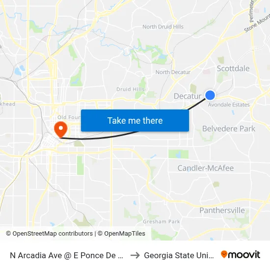 N Arcadia Ave @ E Ponce De Leon Ave to Georgia State University map