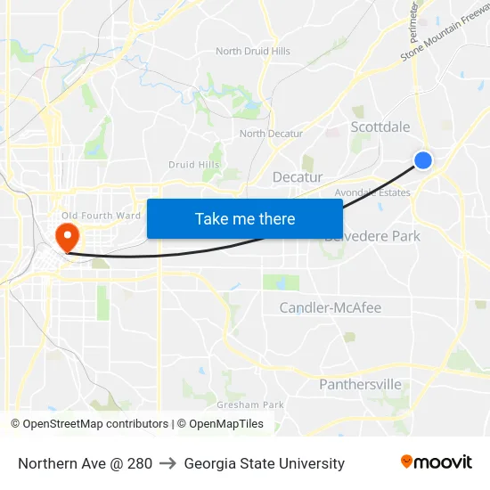 Northern Ave @ 280 to Georgia State University map