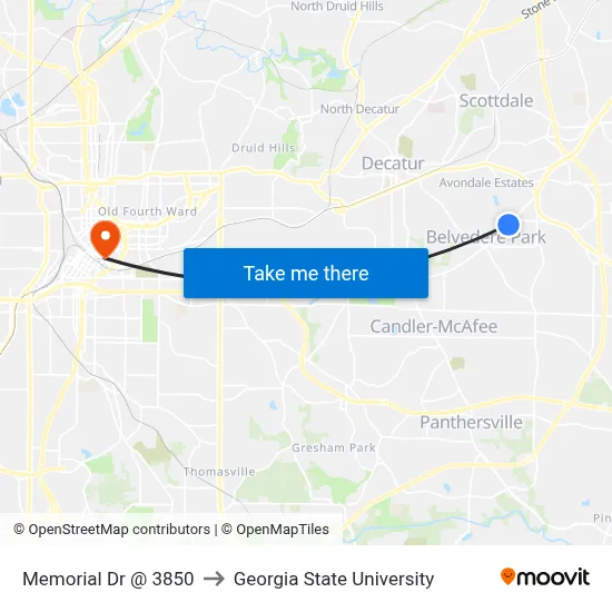Memorial Dr @ 3850 to Georgia State University map