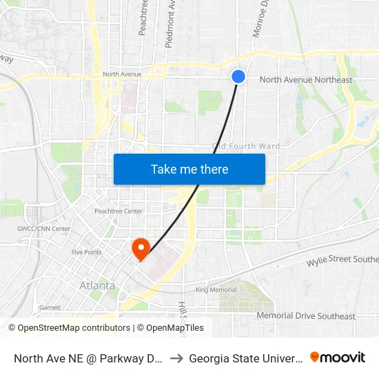 North Ave NE @ Parkway Dr NE to Georgia State University map