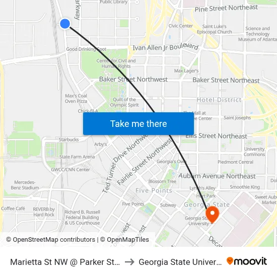 Marietta St NW @ Parker St NW to Georgia State University map