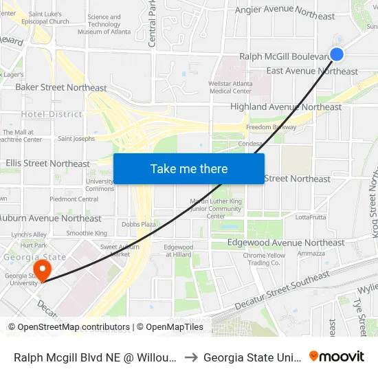Ralph Mcgill Blvd NE @ Willoughby Way to Georgia State University map