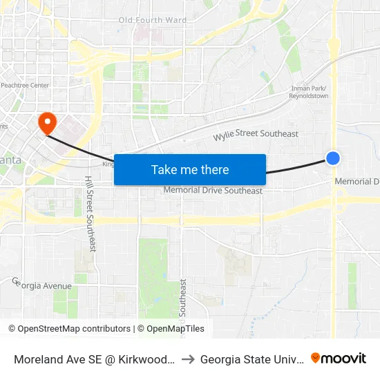 Moreland Ave SE @ Kirkwood Ave SE to Georgia State University map