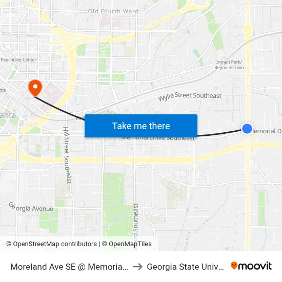 Moreland Ave SE @ Memorial Dr SE to Georgia State University map
