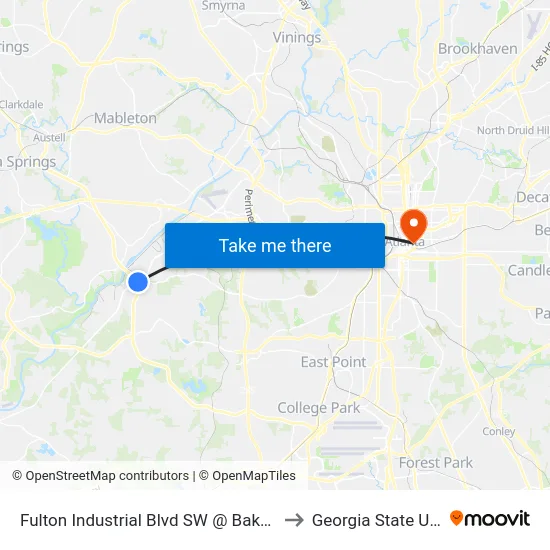 Fulton Industrial Blvd SW @ Bakers Ferry Rd (S) to Georgia State University map