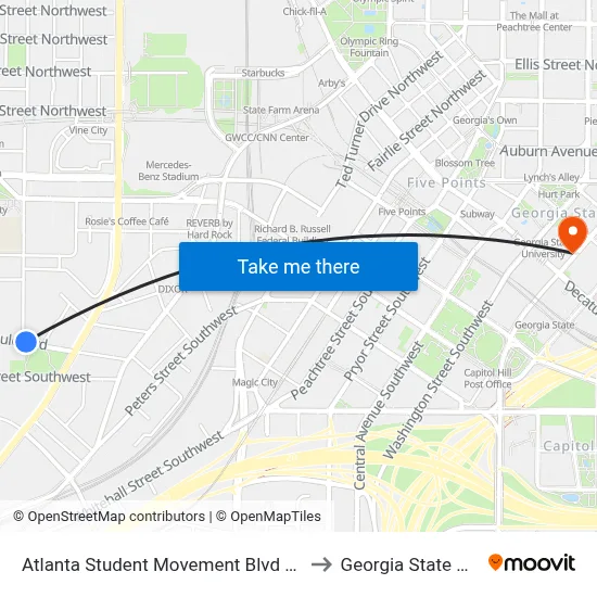 Atlanta Student Movement Blvd @ Walnut St SW to Georgia State University map