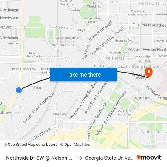 Northside Dr SW @ Nelson St SW to Georgia State University map