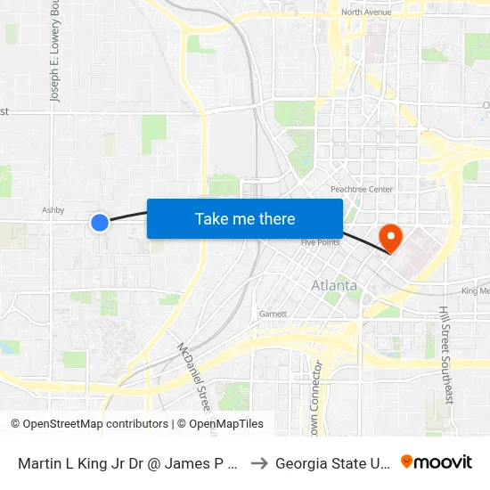 Martin L King Jr Dr @ James P Brawley Dr SW to Georgia State University map