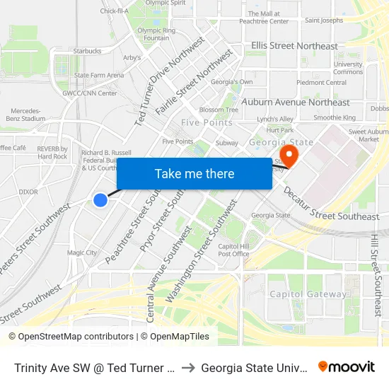 Trinity Ave SW @ Ted Turner Dr SW to Georgia State University map