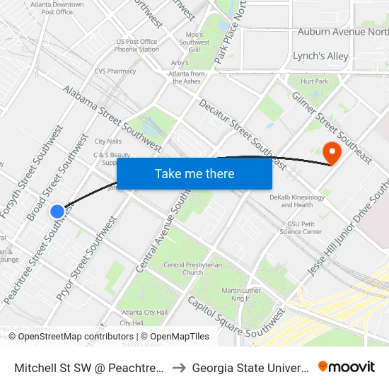 Mitchell St SW @ Peachtree St to Georgia State University map