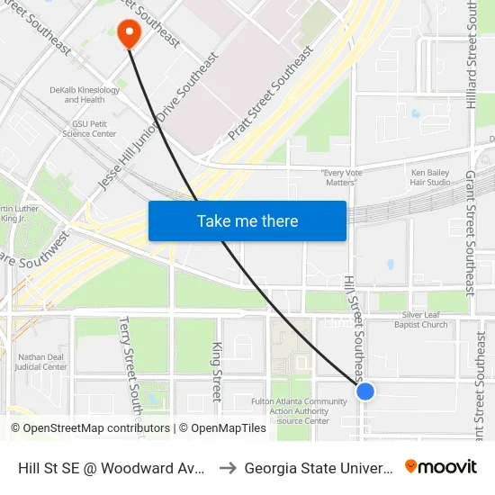 Hill St SE @ Woodward Ave SE to Georgia State University map