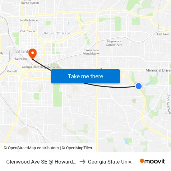 Glenwood Ave SE @ Howard St SE to Georgia State University map