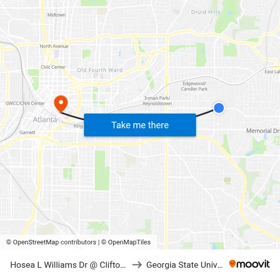 Hosea L Williams Dr @ Clifton St NE to Georgia State University map