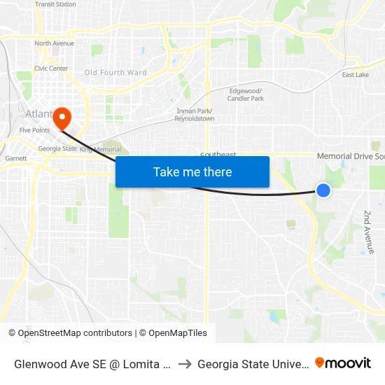 Glenwood Ave SE @ Lomita Rd SE to Georgia State University map
