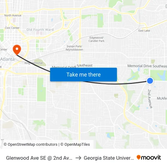 Glenwood Ave SE @ 2nd Ave SE to Georgia State University map