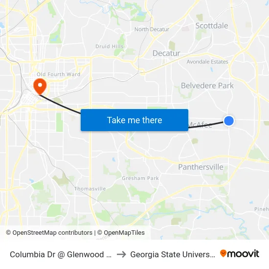 Columbia Dr @ Glenwood Rd to Georgia State University map