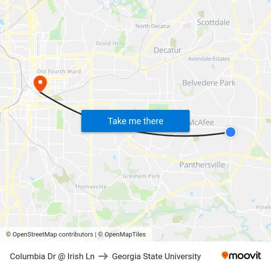 Columbia Dr @ Irish Ln to Georgia State University map