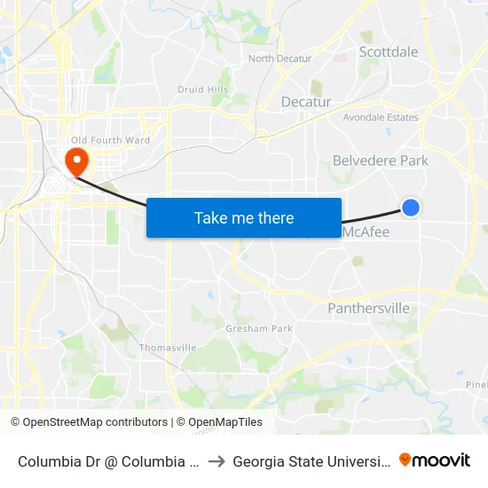 Columbia Dr @ Columbia Pl to Georgia State University map