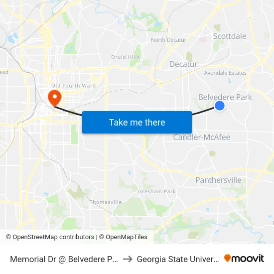 Memorial Dr @ Belvedere Plaza to Georgia State University map