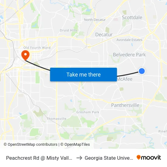 Peachcrest Rd @ Misty Valley Rd to Georgia State University map