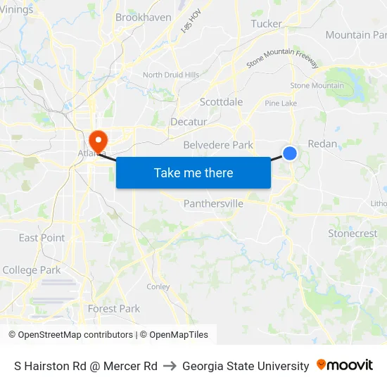 S Hairston Rd @ Mercer Rd to Georgia State University map