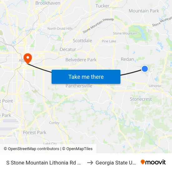 S Stone Mountain Lithonia Rd @ Redan East to Georgia State University map
