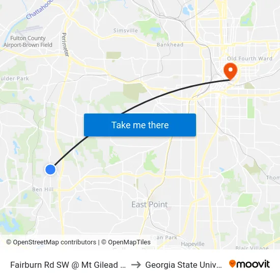 Fairburn Rd SW @ Mt Gilead Rd SW to Georgia State University map