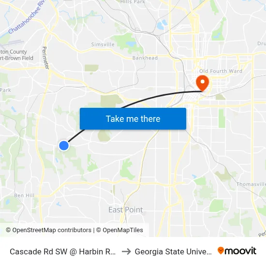 Cascade Rd SW @ Harbin Rd SW to Georgia State University map