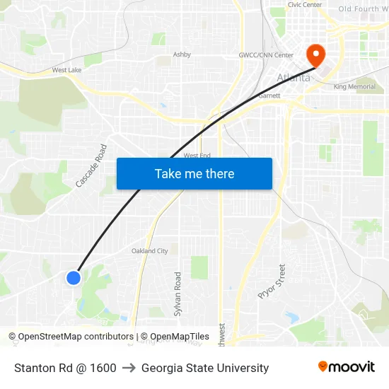 Stanton Rd @ 1600 to Georgia State University map
