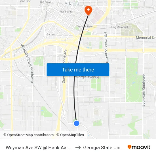Weyman Ave SW @ Hank Aaron Dr SW to Georgia State University map