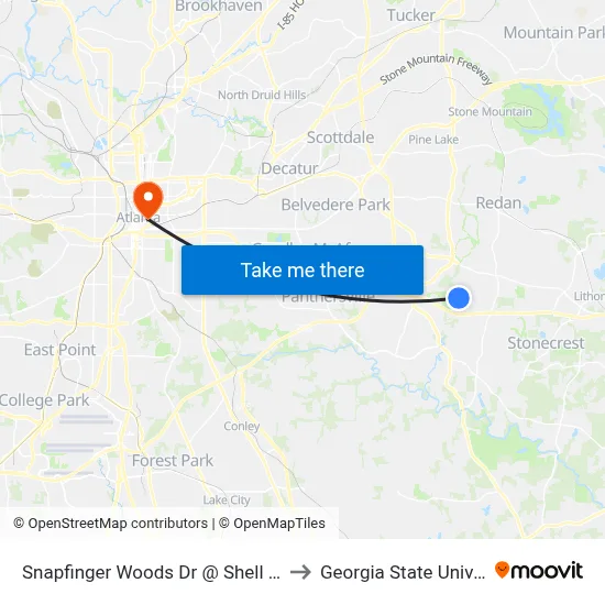 Snapfinger Woods Dr @ Shell Bark Rd to Georgia State University map