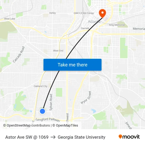Astor Ave SW @ 1069 to Georgia State University map