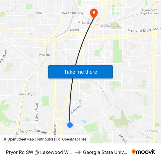 Pryor Rd SW @ Lakewood Way SW to Georgia State University map