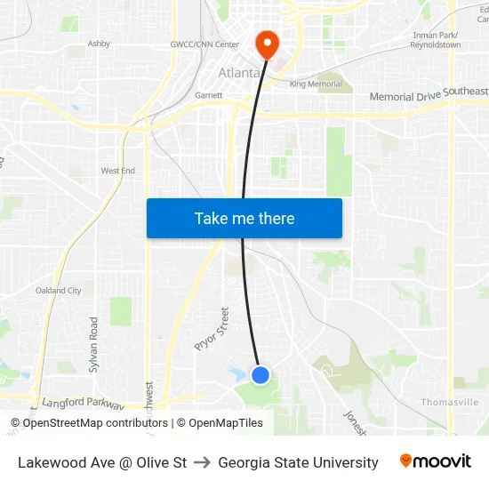 Lakewood Ave @ Olive St to Georgia State University map