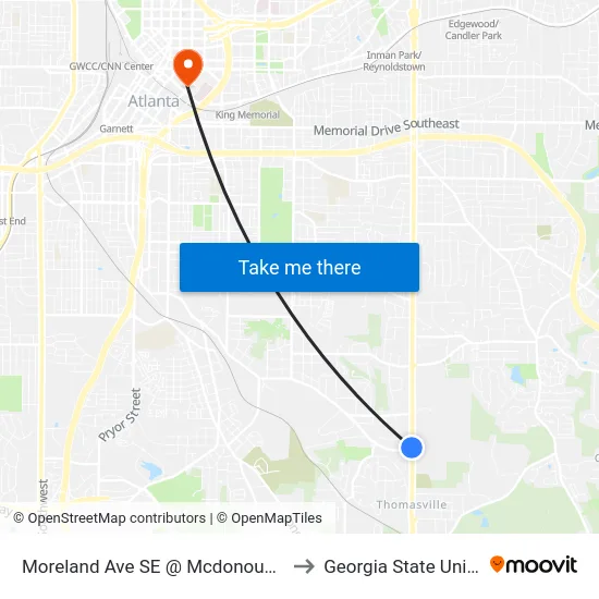 Moreland Ave SE @ Mcdonough Blvd SE to Georgia State University map