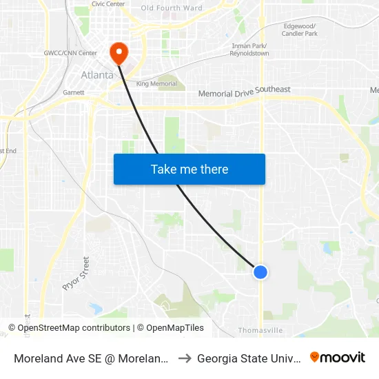 Moreland Ave SE @ Moreland Dr SE to Georgia State University map